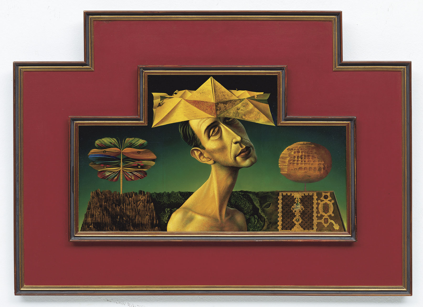 Rudolf Hausner
Der kleine Narrenhut, 1963
Tempera-Harzölfarbe auf Papier, montiert auf Harlfaserplatte
31 x 50,5 cm
lnv. 3382
Foto: Volker Naumann, Schönaich