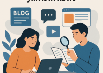 Illustrazione stilizzata di due collaboratori di Artista News al lavoro su articoli editoriali