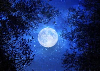 Surreal fantasy concept - full moon with stars glitter in night skies background