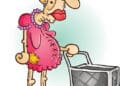 A grumpy old woman wearing sunglasses and a pink dress shopping and pushing a cart