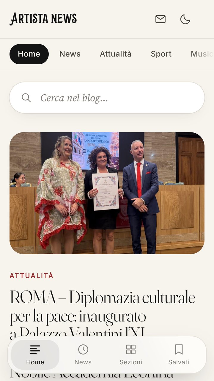 La Home dell'app Artista News